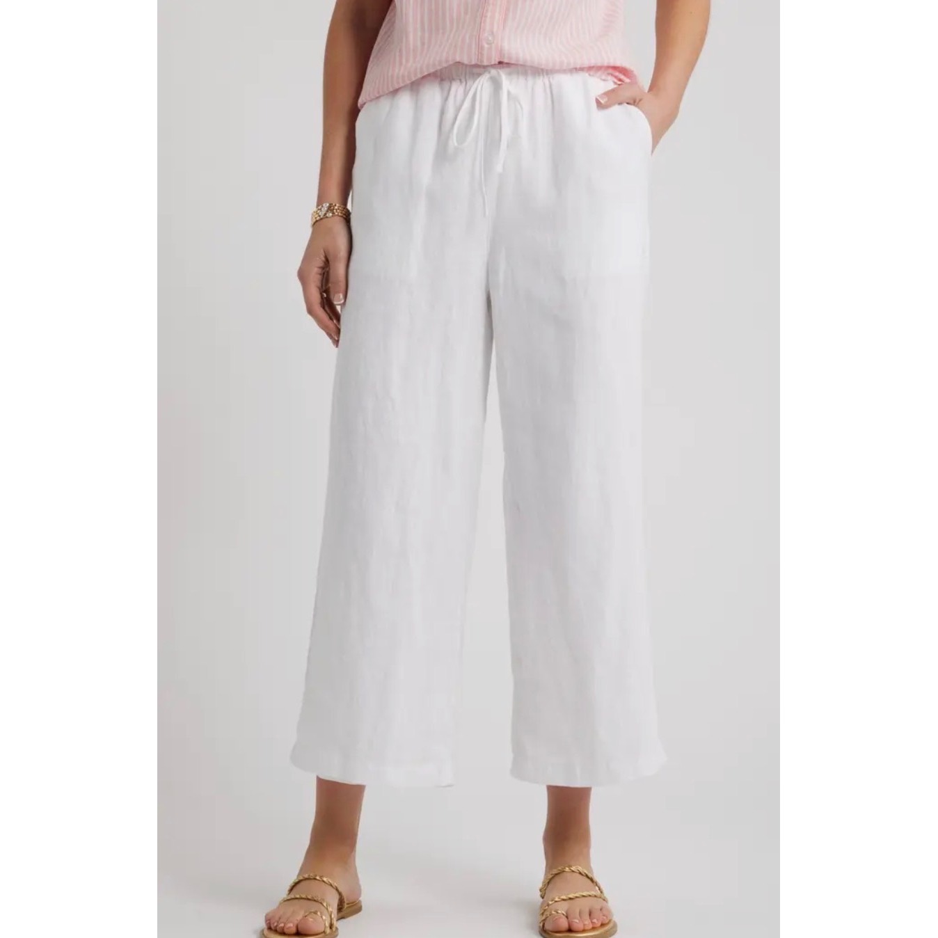 Nordstrom Caslon Wide Leg Crop Linen Pants White Size Large Nwt